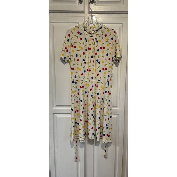 ModCloth Cherry 🍒 Print Retro Swing Dress Size Large White Colorful Belted - Picture 10 of 15